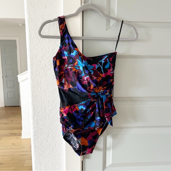 New Miraclesuit Solstice Gem One Shoulder One Piece Swimsuit Printed Mesh - Picture 3 of 6